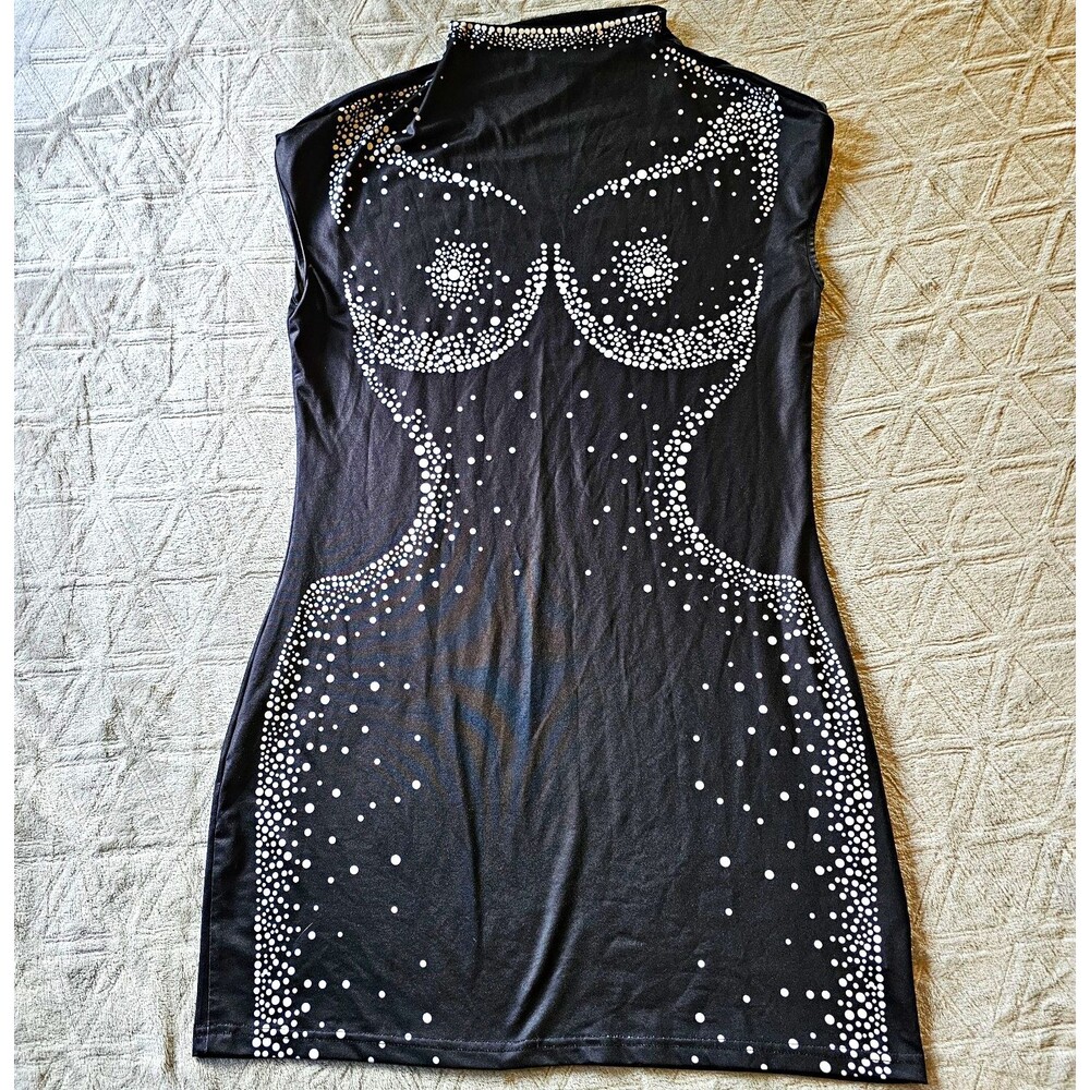 Lovelywholesale Women's Black Rhinestone Mock Neck Bodycon Mini Dress XL